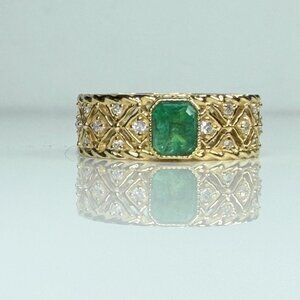Vintage 18K Gold Natural Emerald Diamond Wide Band Ring JR1483